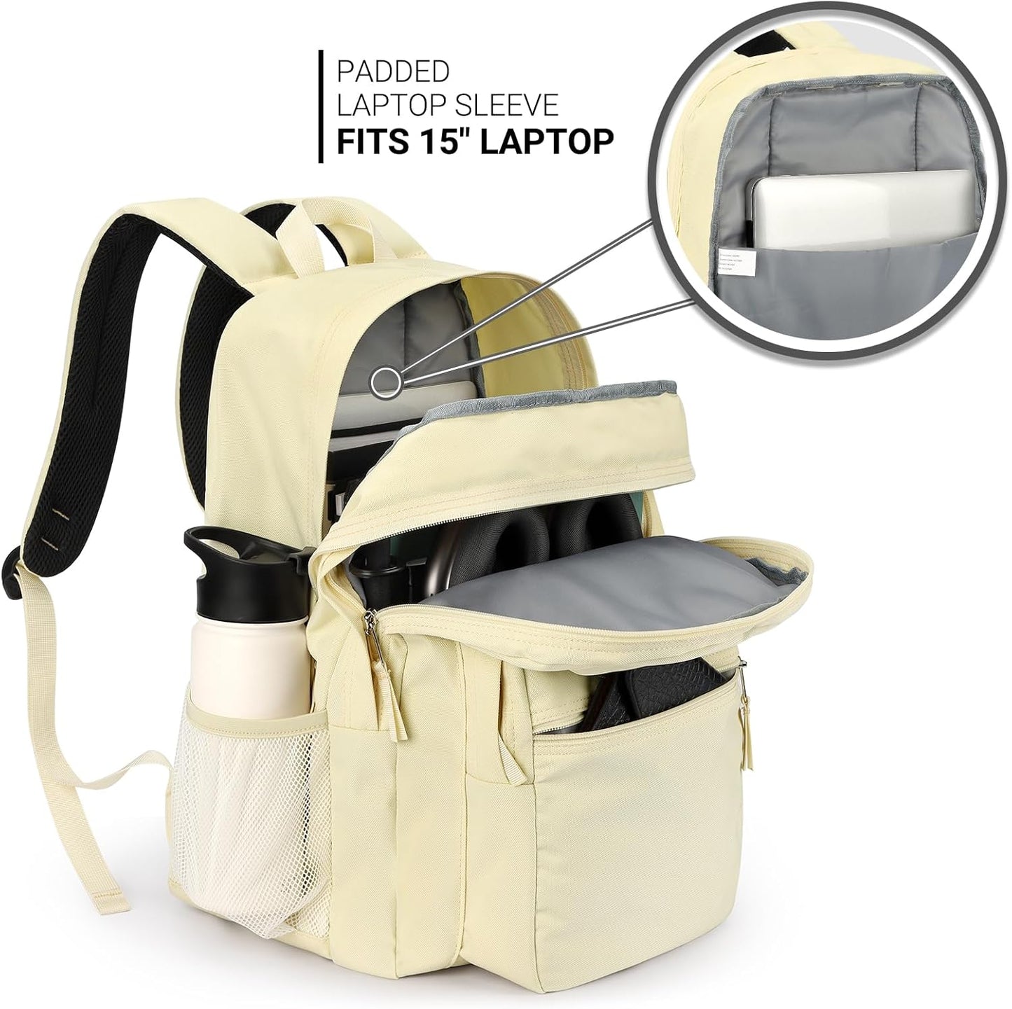 26L Backpack for School, College, and Travel: Water Resistant Bookbag with 8 Compartments - Beige