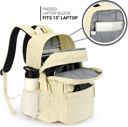 26L Backpack for School, College, and Travel: Water Resistant Bookbag with 8 Compartments - Beige