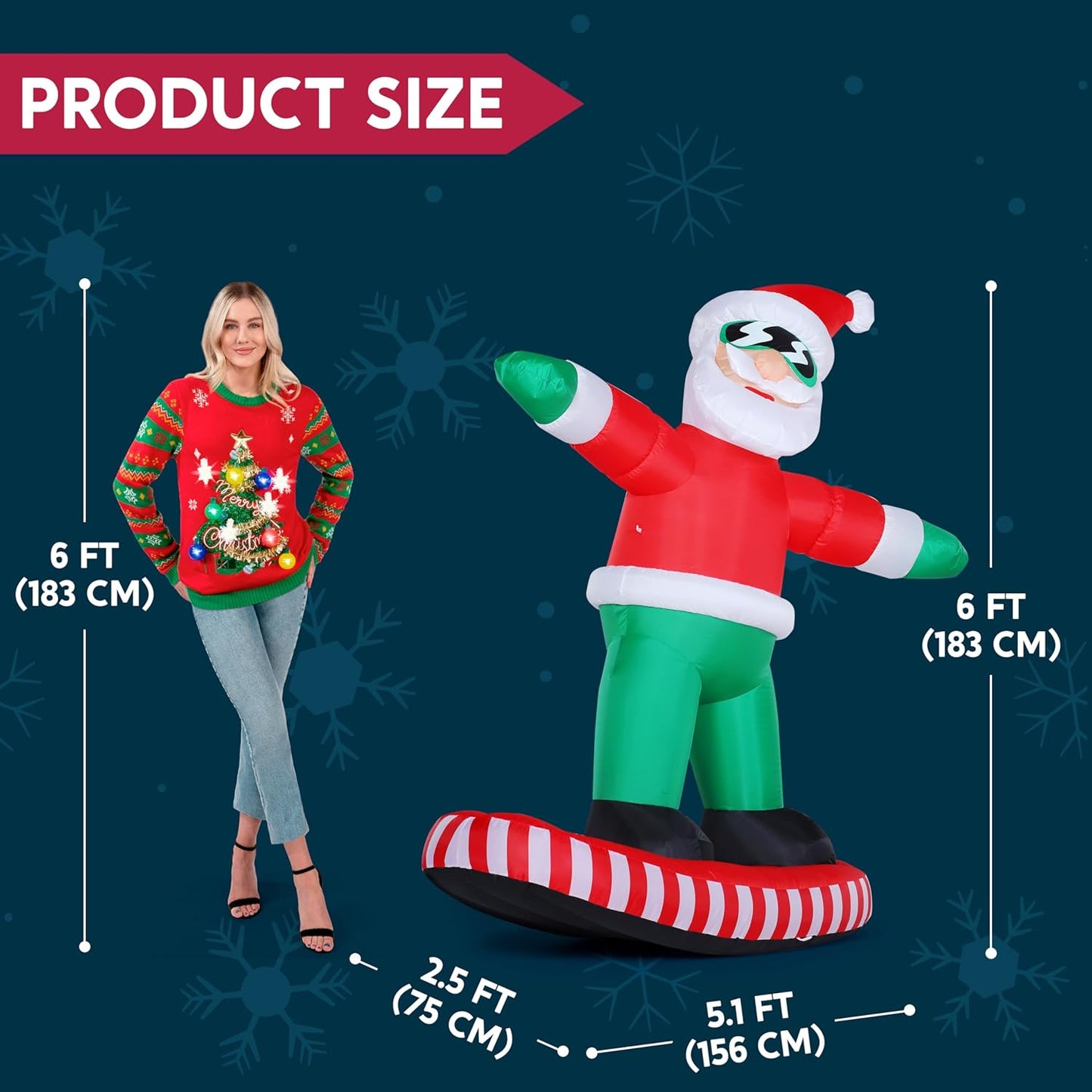 (6FT) Tall Christmas Inflatables Decorations Snowboarding Santa, Blow Up Yard Build-in LED Decor