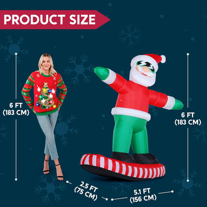 (6FT) Tall Christmas Inflatables Decorations Snowboarding Santa, Blow Up Yard Build-in LED Decor