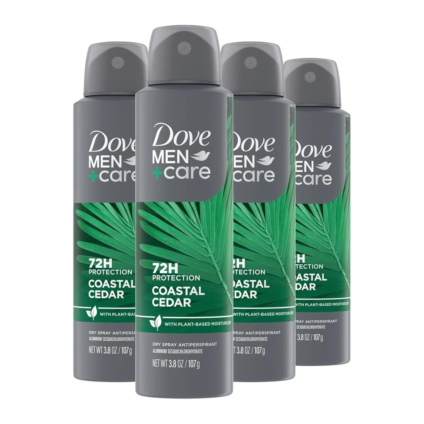 DOVE MEN + CARE Dry Spray Antiperspirant Coastal Cedar 4 Count 72H Protection with a Plant-Based Moisturizer 3.8 oz (Pack of 4)