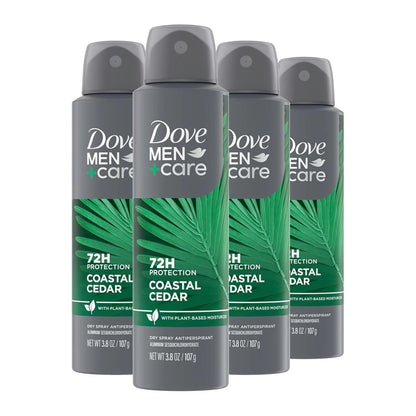 DOVE MEN + CARE Dry Spray Antiperspirant Coastal Cedar 4 Count 72H Protection with a Plant-Based Moisturizer 3.8 oz (Pack of 4)