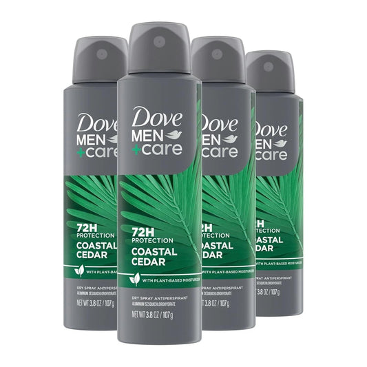 DOVE MEN + CARE Dry Spray Antiperspirant Coastal Cedar 4 Count 72H Protection with a Plant-Based Moisturizer 3.8 oz (Pack of 4)