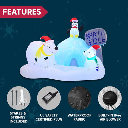 (6FT) Long Christmas Inflatable North Pole w/ Build-in LEDs, Blow Up Polar Bears & Penguin Holiday Season Decorations