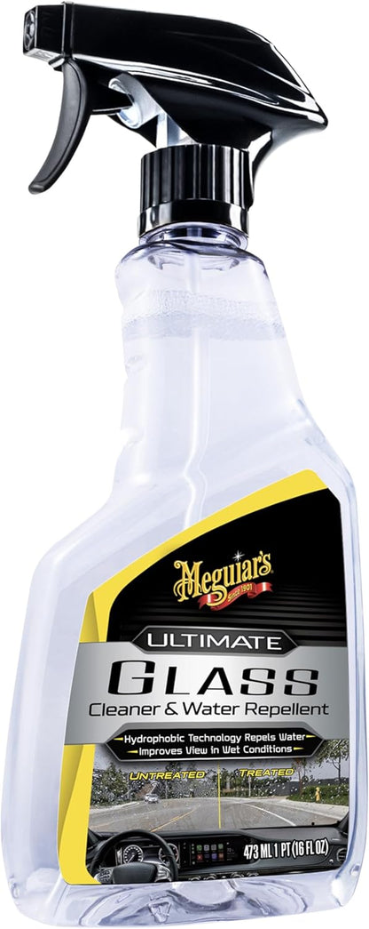 Meguiar's Ultimate Glass Cleaner & Water Repellent - Premium Glas- en Vensterskoonmaker Reënweerder wat Sigbaarheid in Reën Verbeter - (16oz)