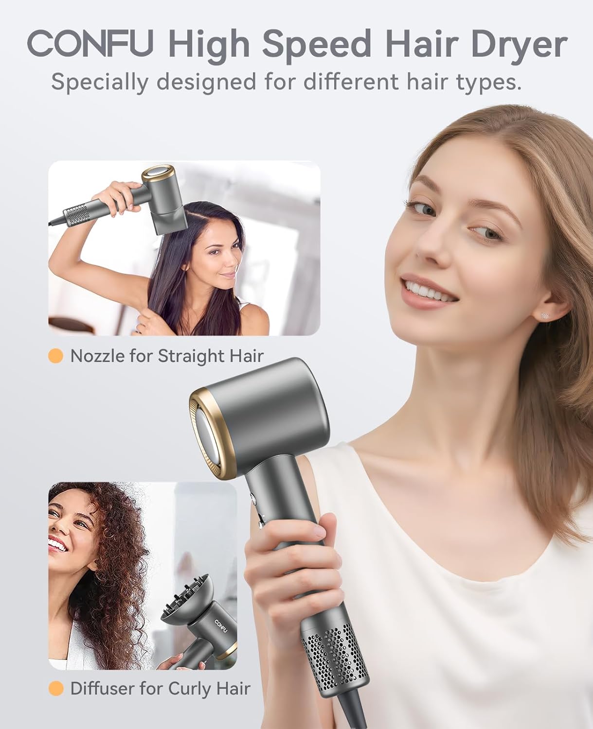 Haardroër, CONFU Blaser met Diffuser 110000 RPM, Hoëspoed Professionele Ioniese Blaser vir Vinnige Droog, Haardiffuser vir Krulhare vir Huis en Reis