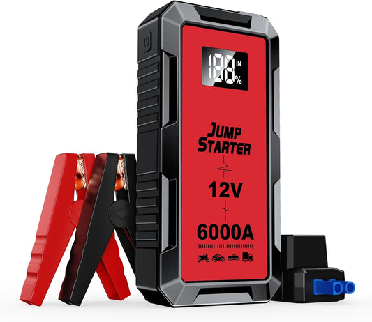 Motorbatterystarter met 6000A Piek Slimme Knipsel-LCD-skerm en 3 Modusse Flitslig vir Tot Alle Petrol- en 10.0L Diesel-enjins 12V Motorbatterybooster Startkabels Draagbare Litiumspringboks