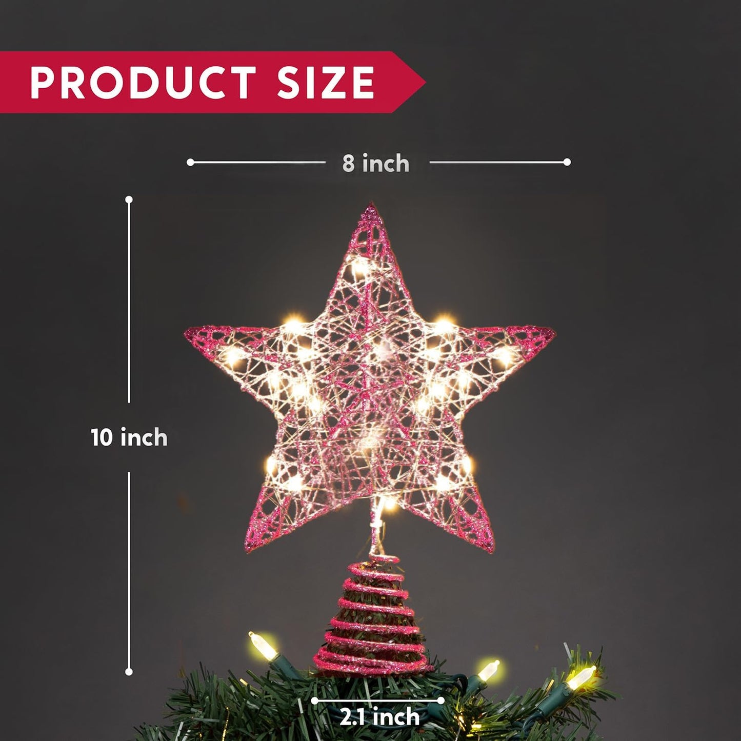8" Kersfees Glitterskerboomtoppe, Pienk Sterretjie met 20 LED Warmwitliggies Versierings