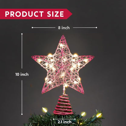 8" Kersfees Glitterskerboomtoppe, Pienk Sterretjie met 20 LED Warmwitliggies Versierings