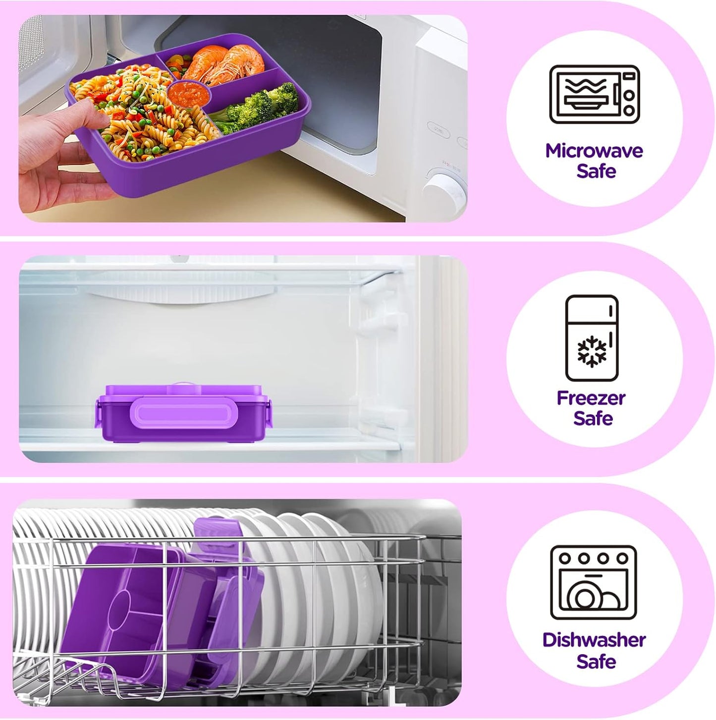 Lunch Box Kids Bento Box - Leakproof 4 Compartments Food Containers w Utensils - Purple