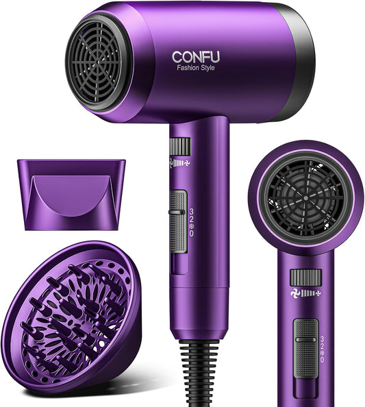 Haardroër met Diffuser, CONFU Ioniese Blaasdroër 1600W, Draagbare Liggewig Vinnigdroog Negatiewe Ioon Haardroër, 3 Hitte-instellings met Diffuser en Konsentreerderstuk vir Tuis & Reis