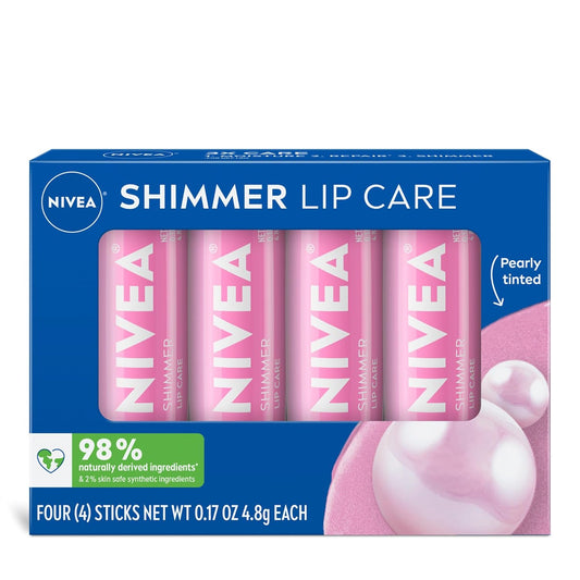 NIVEA Shimmer Lip Care, Blinkende Lipbalsem Pak met Karitébotter, Voedende Olies en Vitamien C & E, 3-in-1 Vog, Herstel en Blink, 0.17 Oz Stokkie, Pak van 4