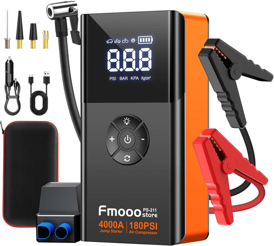 Draagbare Motoraansitter met Lugkompressor, 4000A 180PSI Motorbattery-aansitterbatterypak (10L Petrol/8L Diesel), 12V Motoraansitterboks Motorbatteryaansitter, Groot LCD-skerm, 2 Liggie (Oranje)