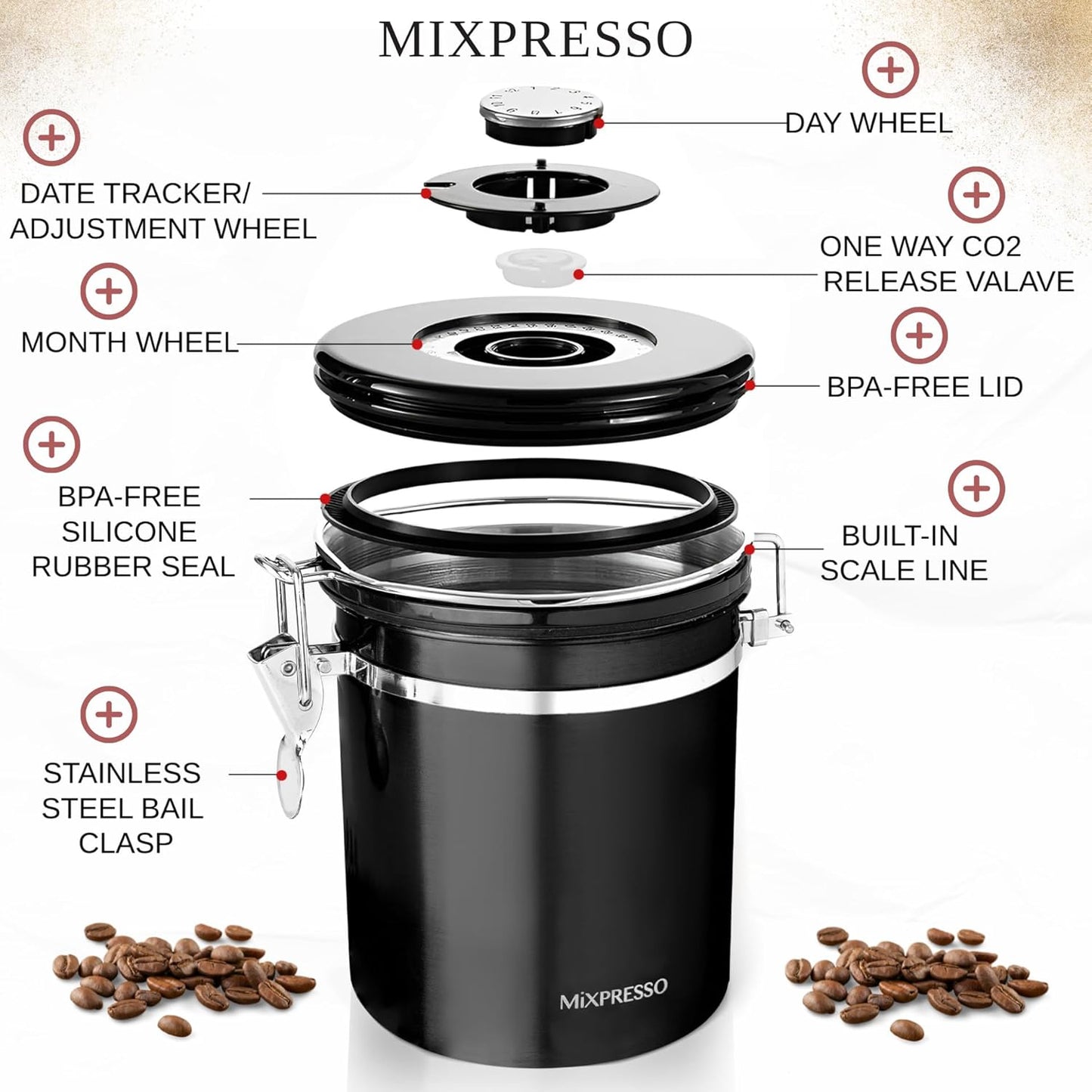 Mixpresso 16 Oz Swart Koffiehouer, Vlekvrye Staal Lugdigte Koffiehouer, Lugdigte Houer Vir Teeberging Met Datumspoorder, Vakuumverseëlde Espresso Lugdigte Houer, Suikerhouer Vir Die Huis