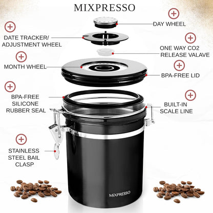 Mixpresso 16 Oz Swart Koffiehouer, Vlekvrye Staal Lugdigte Koffiehouer, Lugdigte Houer Vir Teeberging Met Datumspoorder, Vakuumverseëlde Espresso Lugdigte Houer, Suikerhouer Vir Die Huis