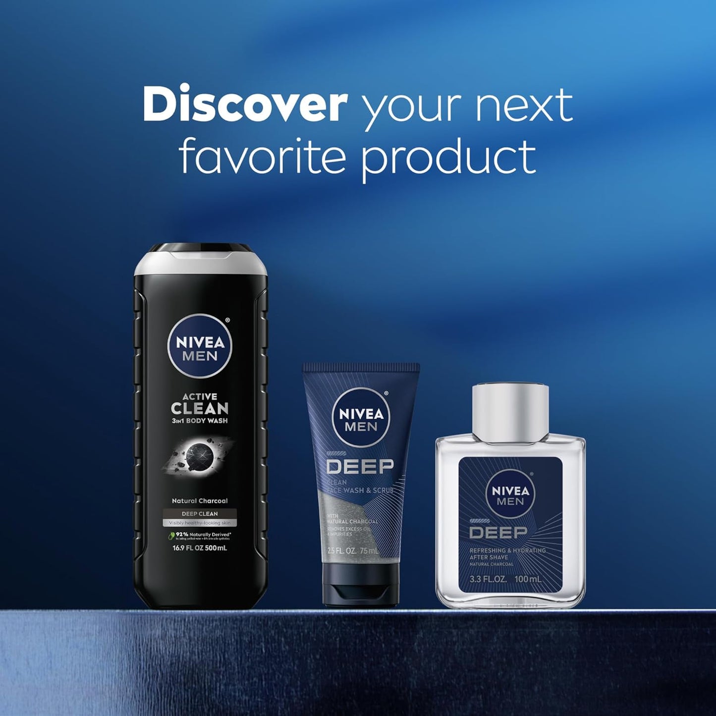 NIVEA Men Active Clean Body Wash with Natural Charcoal for Normal to Oily Skin, 3-in-1 Charcoal Body Wash, Face and Hair, Draws Out Dirt and Impurities, 16.9 Fl Oz Bottle, Pack of 3