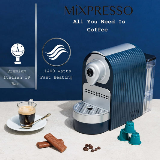 Mixpresso Blou Espresso Masjien vir Nespresso Versoenbare Kapsule, Enkelbedien Koffiemaker Programmeerbaar vir Espresso Peule, Premium Italiaanse 19 Bar Hoëdruk Pomp 27oz, 1400w Kapsule Koffiemaker