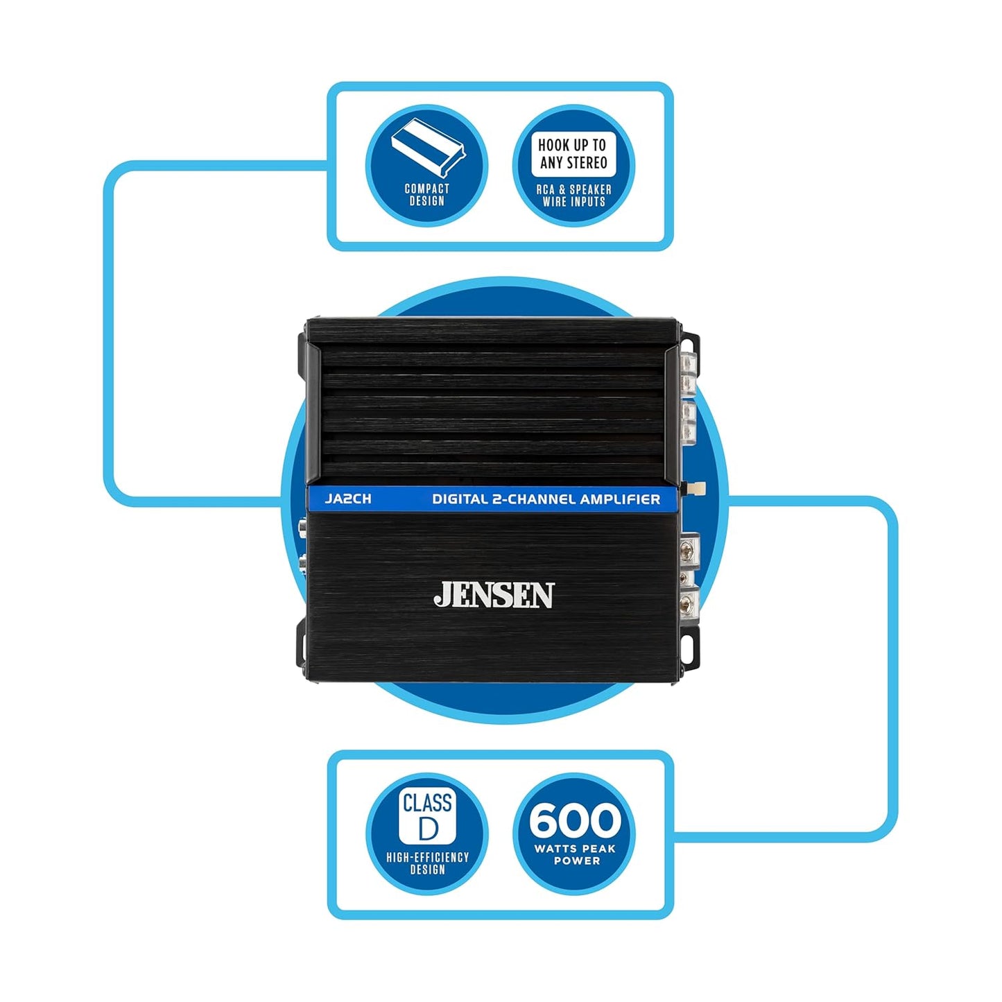 JA-Series JA2CH Class-D High Performance Bridgeable 2-Channel Car Audio Amplifier 600 Watts Peak Power Efficient Compact Design