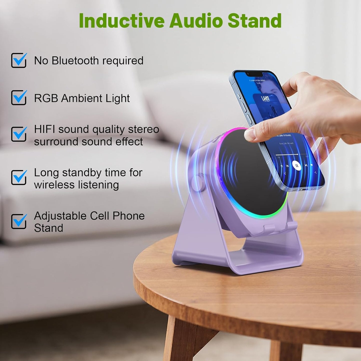 Wireless Induction Audio Bluetooth Speaker, 4 in 1 Phone Stand Speakers Amplifier with Colorful Ambient Light,360° Adjustable Holder- Purple