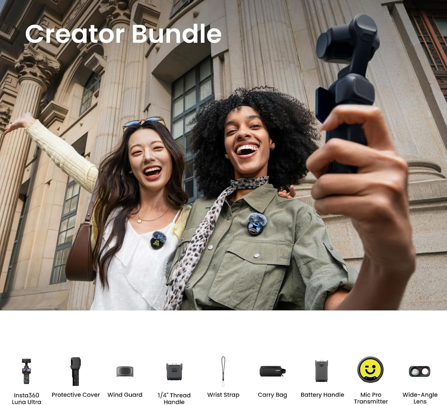 Insta360 Luna Ultra Creator Bundle - 8K Vlogging Camera with Dual Leica Lenses, 12× Zoom, 1" Sensor, Detachable 2" Touchscreen, Triple AI Chip, Pocket Gimbal Camera for Vlog Photography, Cosmic Black