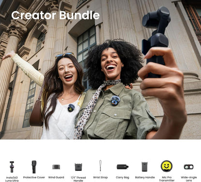 Insta360 Luna Ultra Creator Bundle - 8K Vlogging Camera with Dual Leica Lenses, 12× Zoom, 1" Sensor, Detachable 2" Touchscreen, Triple AI Chip, Pocket Gimbal Camera for Vlog Photography, Cosmic Black