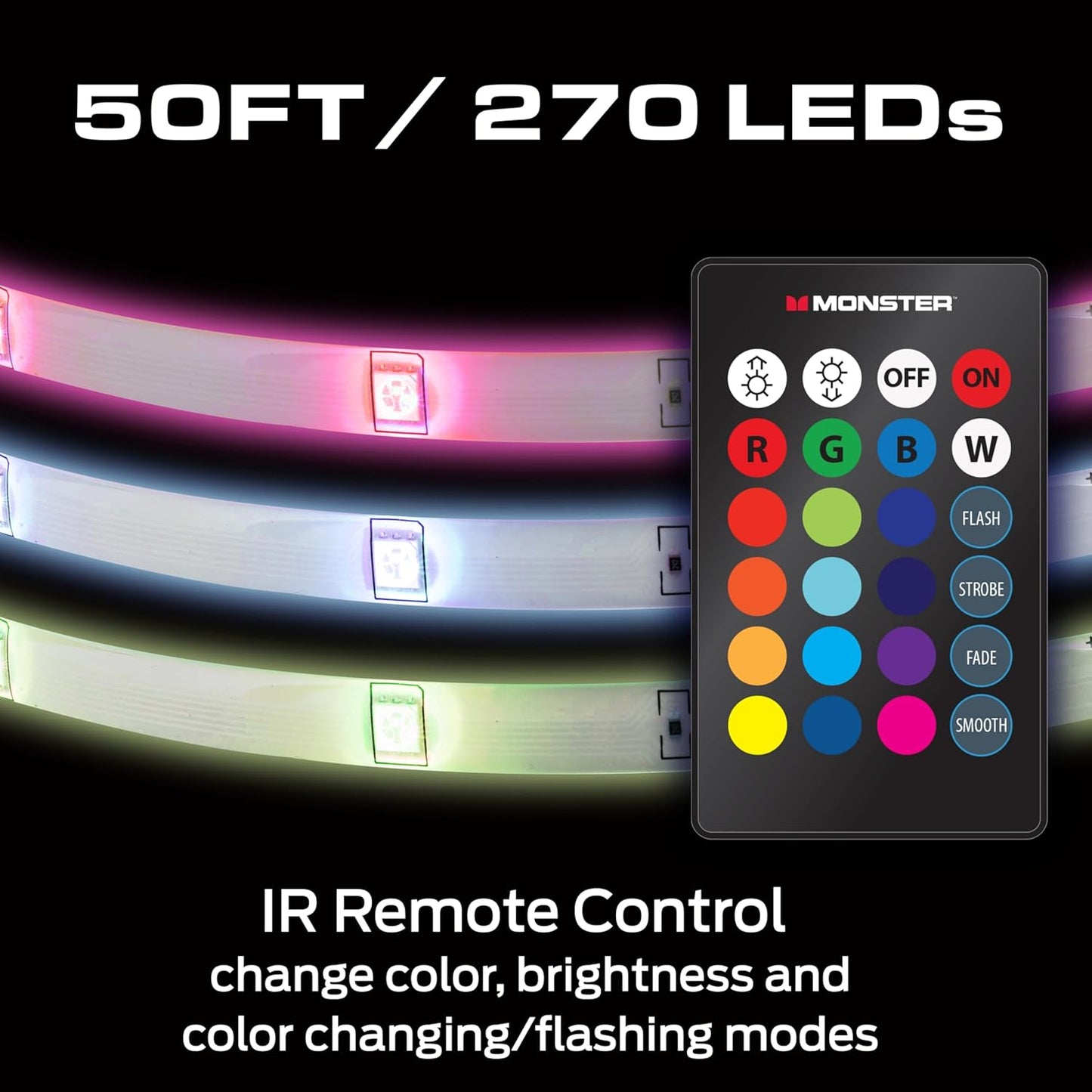 Monster 50 Foot RGB LED Light Strip with Remote Control, 270 RGB LEDs, Adhesive Backing, Coated for Moisture Protection, Dimmable, 24V Plug, 4 Modes Including Strobe, Flash, Fade & Smooth