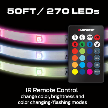 Monster 50 Foot RGB LED Light Strip with Remote Control, 270 RGB LEDs, Adhesive Backing, Coated for Moisture Protection, Dimmable, 24V Plug, 4 Modes Including Strobe, Flash, Fade & Smooth