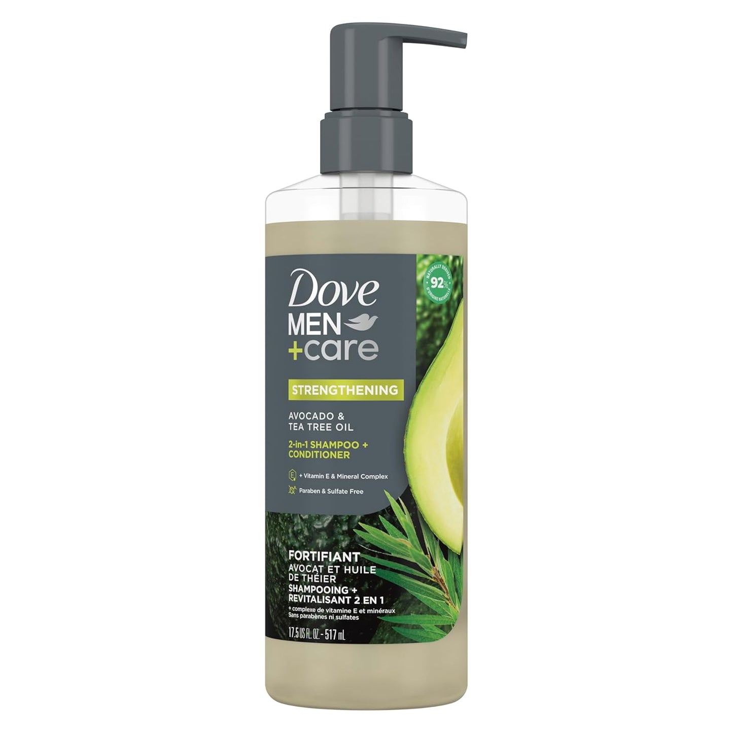 Dove Men Care 2-in-1 Shampoo + Conditioner - Avocado & Tea Tree Oil with Vitamin E & Mineral Complex, 17.5 oz (2PK)