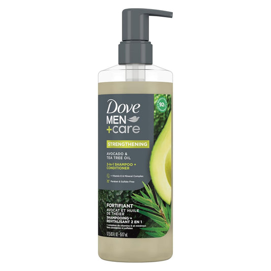Dove Men Care 2-in-1 Shampoo + Conditioner - Avocado & Tea Tree Oil with Vitamin E & Mineral Complex, 17.5 oz (2PK)