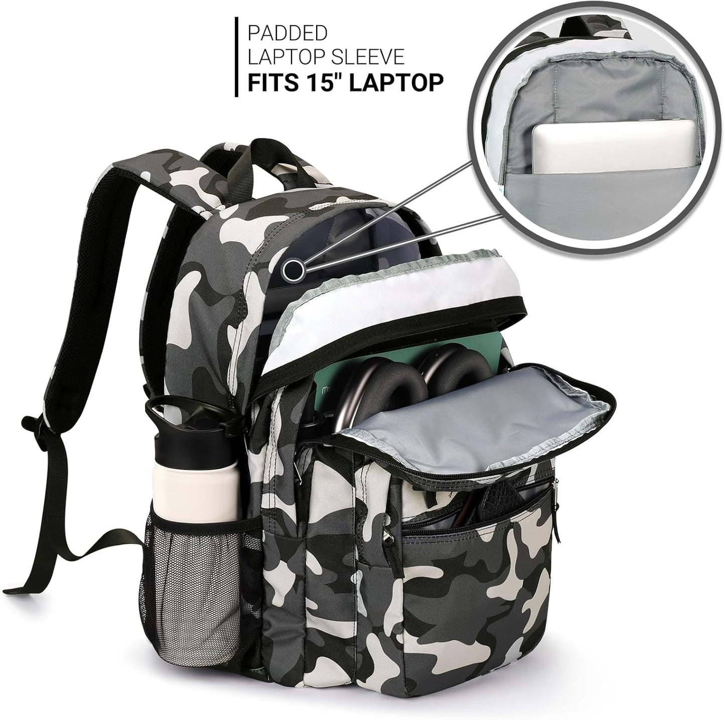 26L Backpack for School, College, and Travel: Water Resistant Bookbag with 8 Compartments - Camo Black