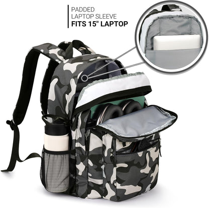 26L Backpack for School, College, and Travel: Water Resistant Bookbag with 8 Compartments - Camo Black