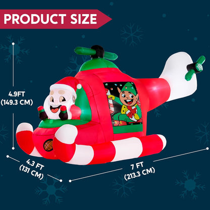 (7FT) Long Christmas Inflatable Santa Elf on Animated Helicopter, Blow Up Santa Inflatable on Flying Airplane with Rotating Propeller Decor