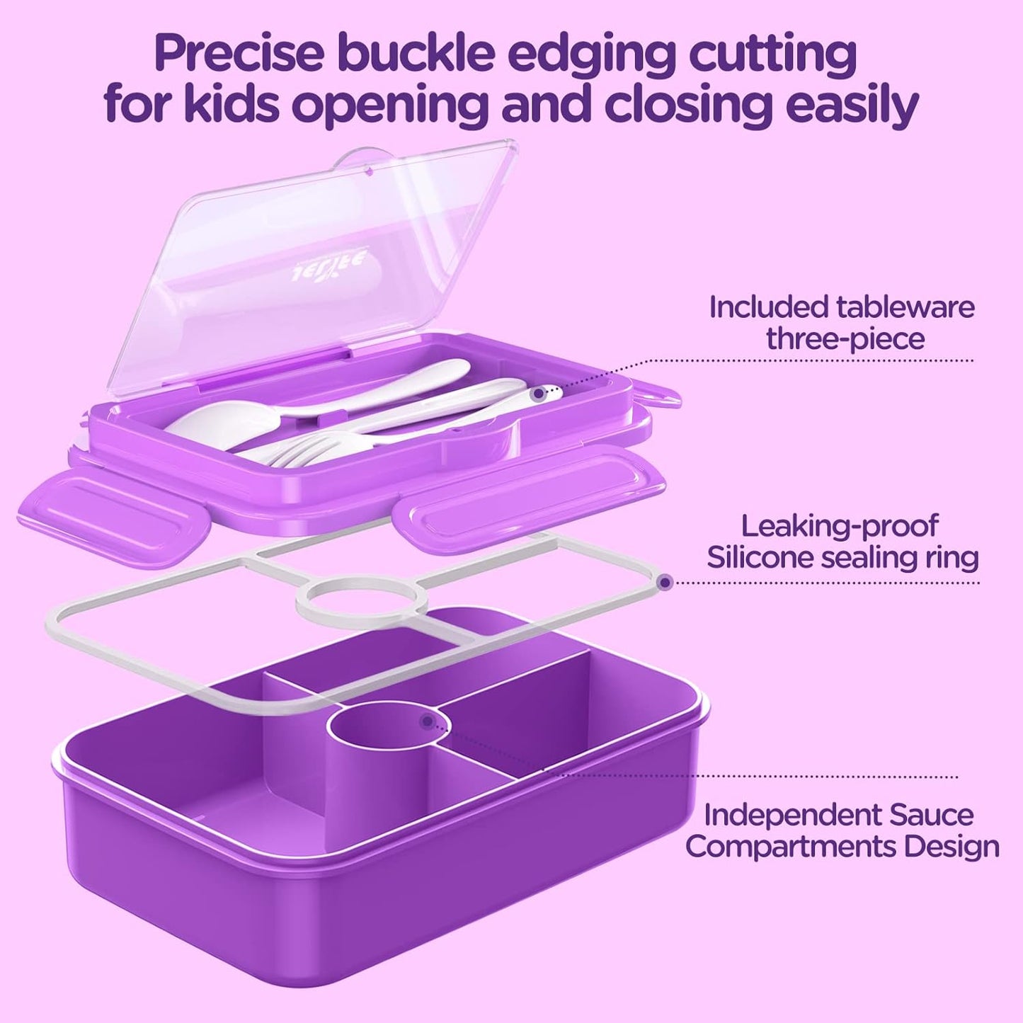 Lunch Box Kids Bento Box - Leakproof 4 Compartments Food Containers w Utensils - Purple