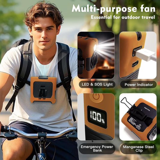 10000mAh Portable Waist Fan with Flashlight - 5 Speed  - Orange And White