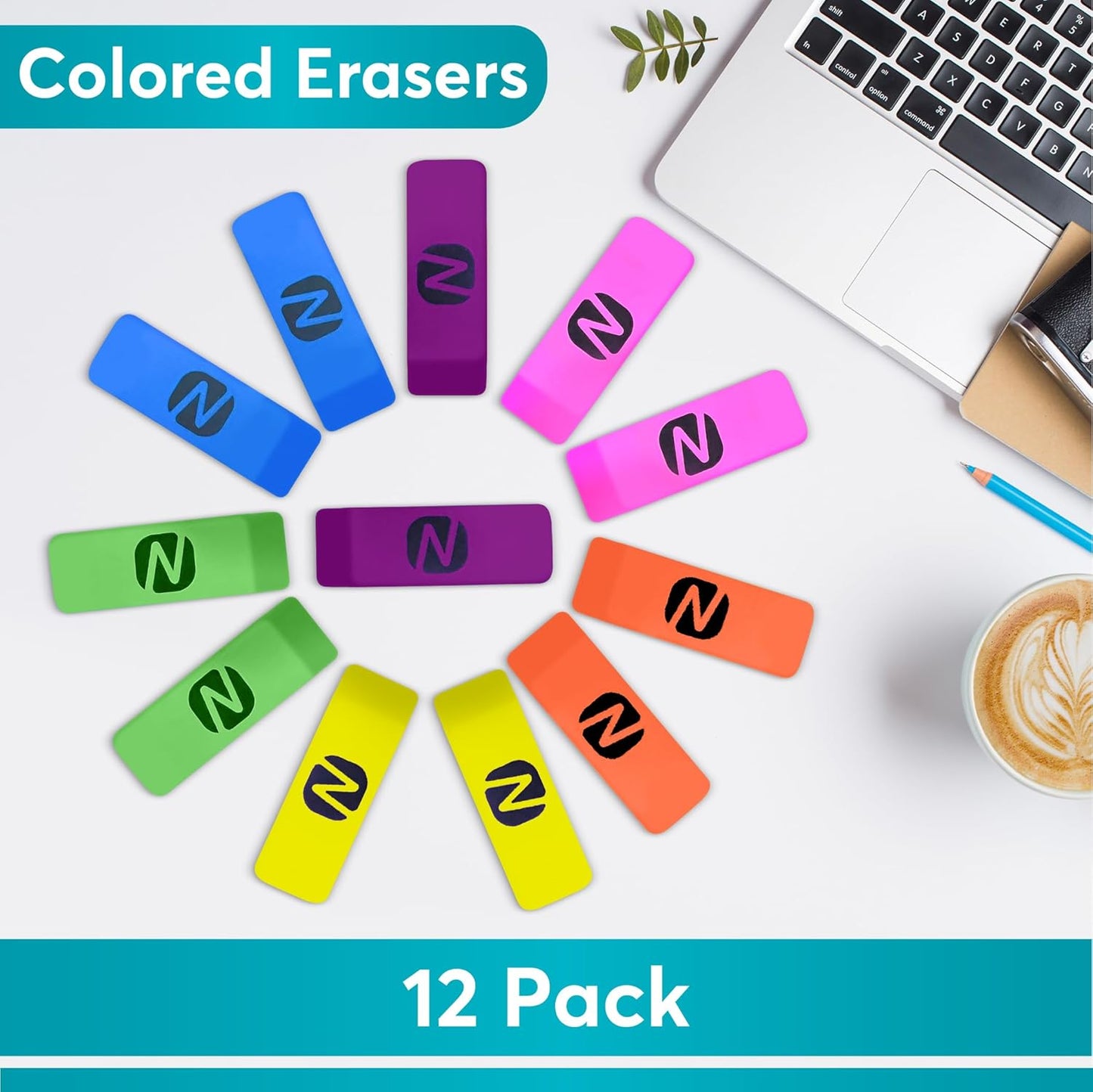 Neon Erasers for Kids – 12-Pack Bulk Pencil Erasers for School, Office, and Art Supplies – Fun Bright Colors, Smudge-Free, Latex-Free