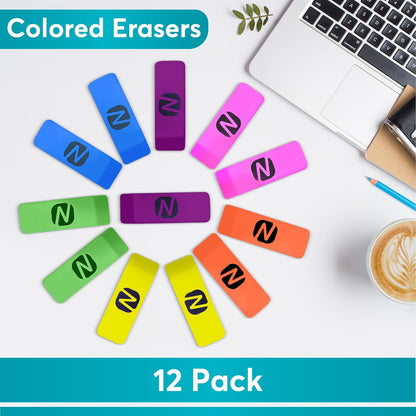 Neon Erasers for Kids – 12-Pack Bulk Pencil Erasers for School, Office, and Art Supplies – Fun Bright Colors, Smudge-Free, Latex-Free