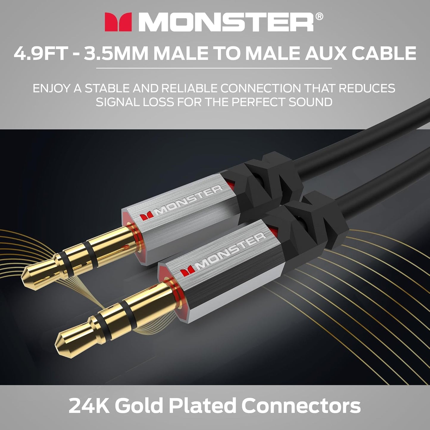 Monster Gen2 Essentials Oudiokabel 3.5mm Manlik-na-Manlik Aux-koord vir Kar, iPhones, Oorfone, 1.5m Duraflex-omhulsel, Vergulde Koppelaars, Uitstekende Klankgehalte en Duursame Kabel