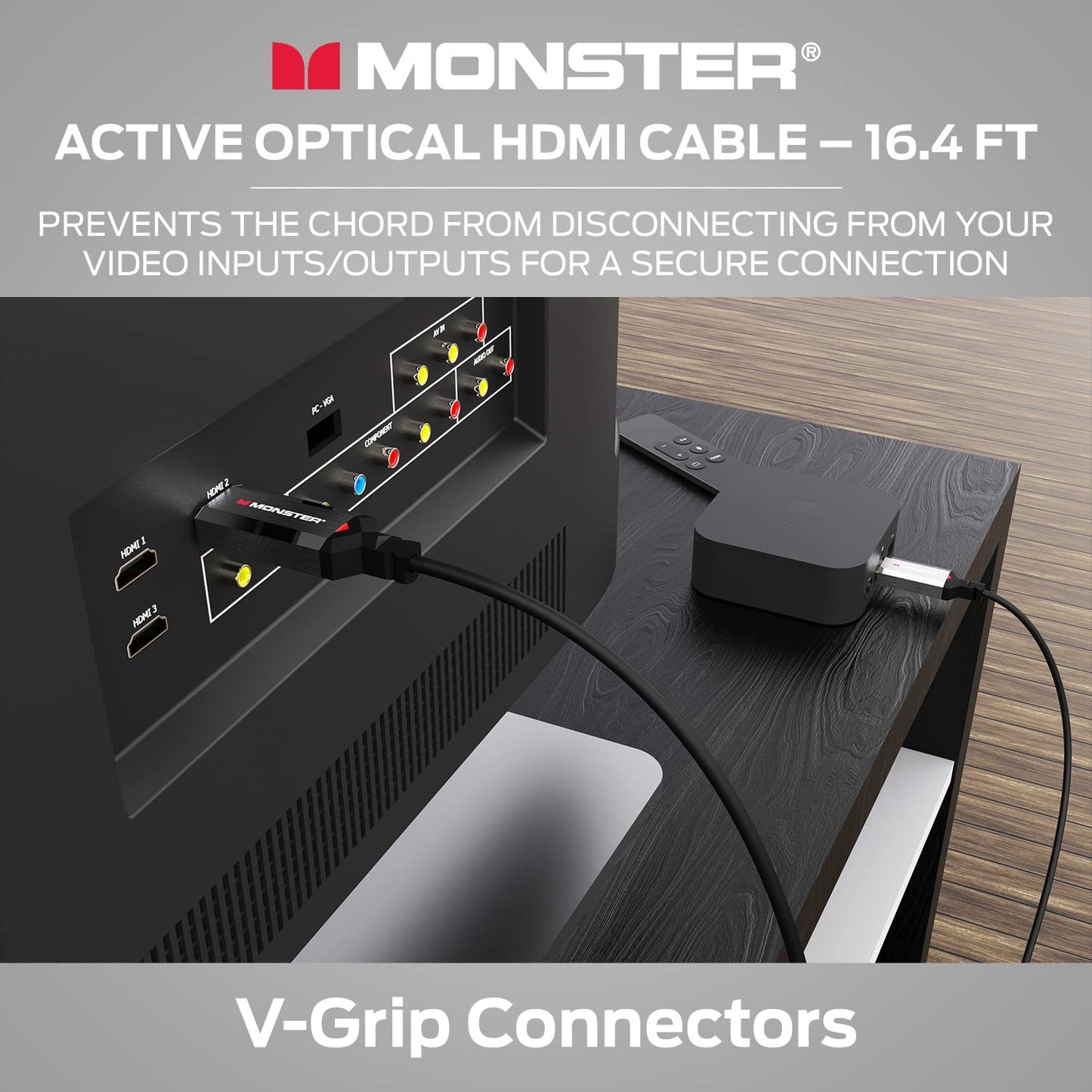 Monster Essentials Rigtings-veseloptiese HDMI 2.1-48 Gbps Aktiewe Optiese Kabel met Aluminiumekstrusiekonnektor – Ondersteun 8K @ 60HZ, 4K @ 120HZ, Premium Gesertifiseer, V-Grip, 100ft