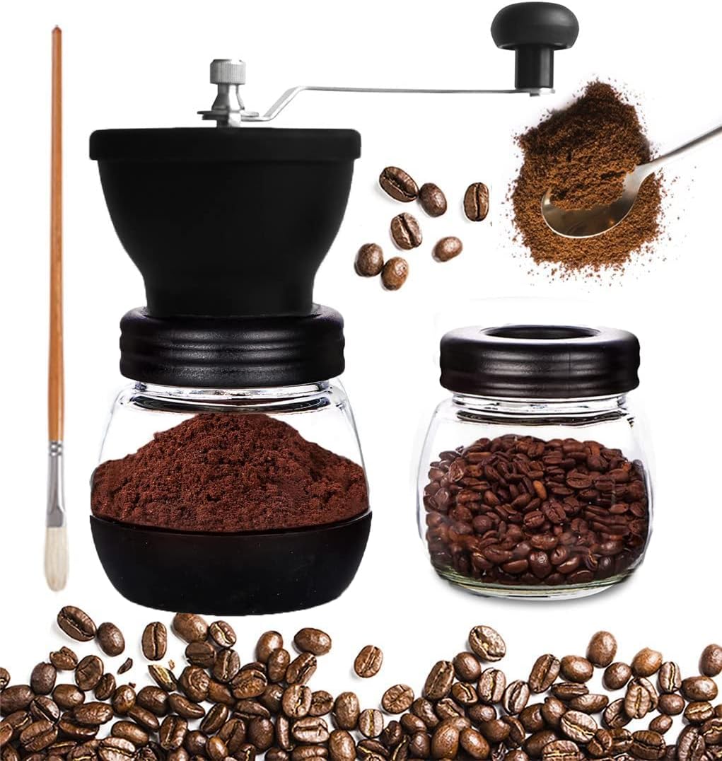 Mixpresso Handkoffiemeul, Speserymeul Handmatig, Glasflesse, Keramiekmaalskyf, Verstelbare Maal, Maklik om Skoon te Maak, Draagbare Kompakte Ontwerp, 3-stuk Stel, Vlekvrye Staal