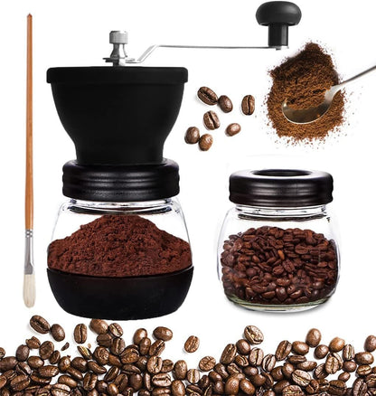 Mixpresso Handkoffiemeul, Speserymeul Handmatig, Glasflesse, Keramiekmaalskyf, Verstelbare Maal, Maklik om Skoon te Maak, Draagbare Kompakte Ontwerp, 3-stuk Stel, Vlekvrye Staal