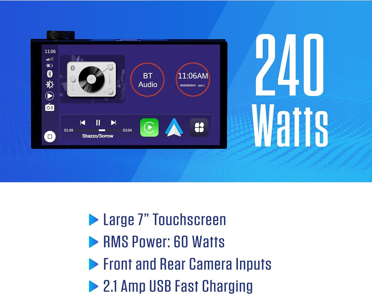 7"Double DIN Top Mount Touchscreen Receiver Wireless Apple Carplay Android Auto Car Stereo Bluetooth, Backup Camera Input