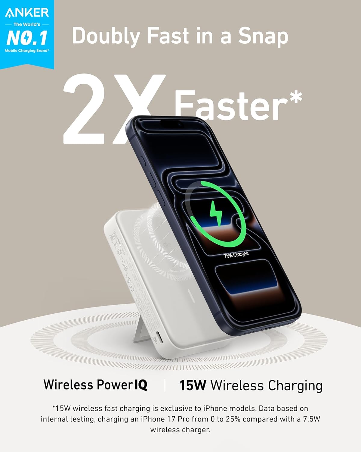 MagGo Power Bank, Qi2 Certified 15W Ultra-Fast MagSafe-Compatible Portable Charger, 10,000mAh Battery Pack with Smart Display and Foldable Stand- White