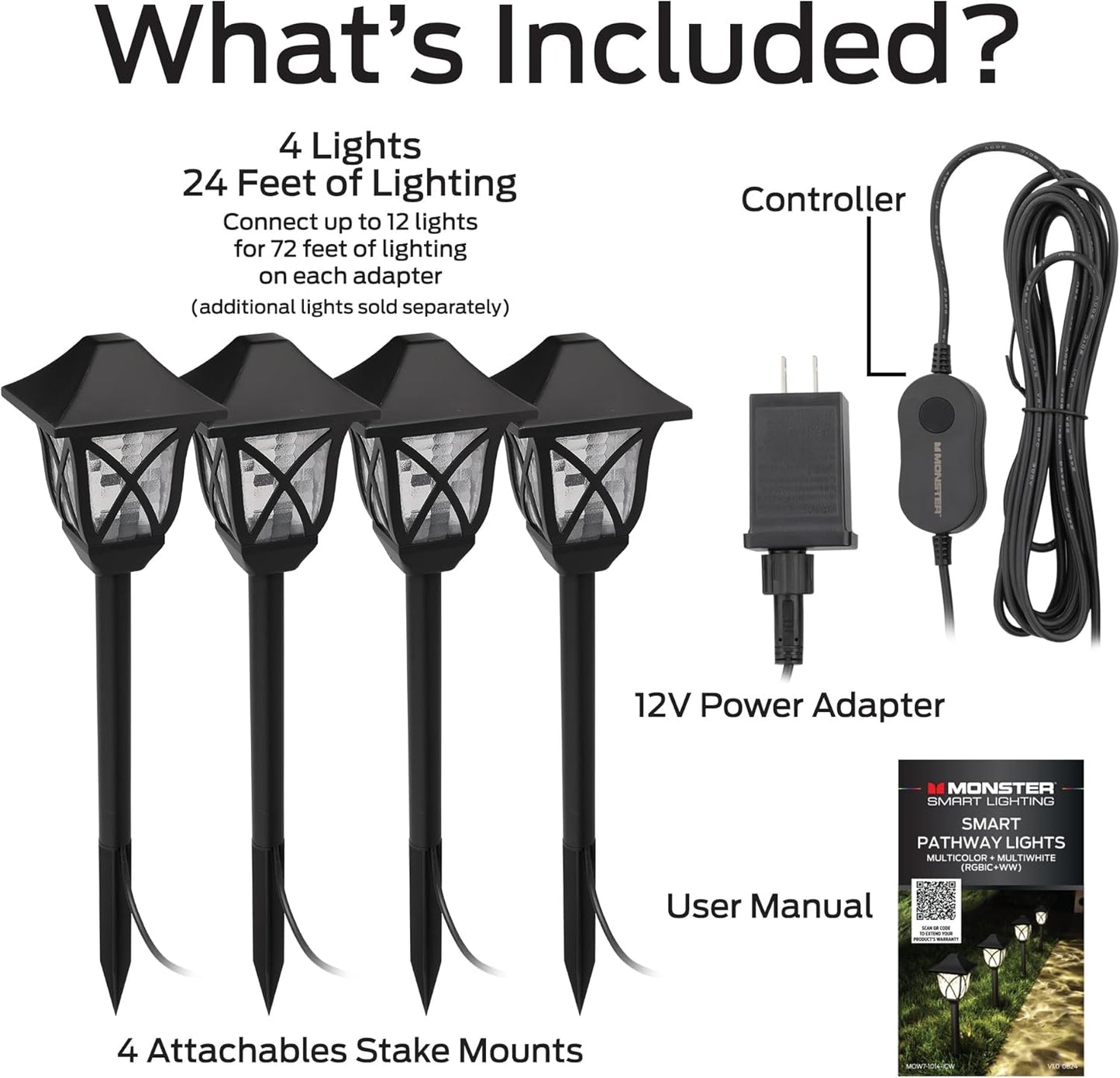 Monster Smart RGB+IC+WW Pathway LED Lights, 4 Individually Controlled Dimmable LEDs, Sound Reactive, IP44 Water & Weather Resistant, Compatible with Alexa, Siri, Google Home, Monster App, Razer Chroma