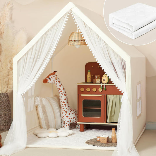 Monobeach Kinder Speel Tent Beige Speel Tent met Lang Gaas Gordyn Groot Speelhuis vir Binne Buite Speel Kothuis Kasteel Speelding vir Meisies Seuns Huis Geskenk (Beige Kinder Speel Tent met Mat)