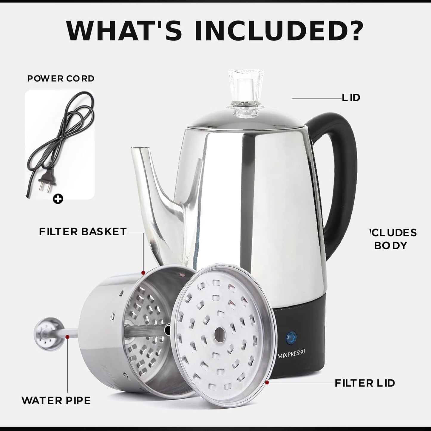 Mixpresso 10 Koppie Perkolatorkoffiepot Elektries, Vlekvrye Staal Koffieperkolator Elektries Met Warmhoufunksie, Klassieke Perkolatorpot Met Verwyderbare Mandjie Vir Huis of Kantoor