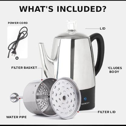 Mixpresso 10 Koppie Perkolatorkoffiepot Elektries, Vlekvrye Staal Koffieperkolator Elektries Met Warmhoufunksie, Klassieke Perkolatorpot Met Verwyderbare Mandjie Vir Huis of Kantoor