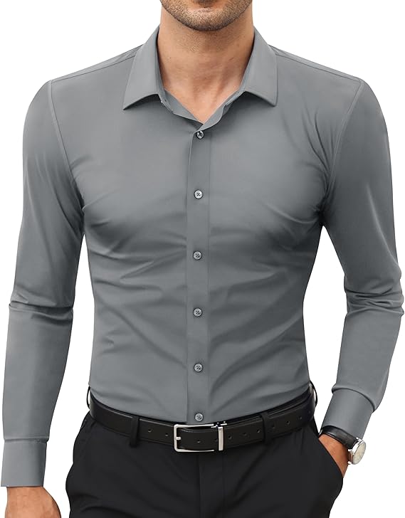 Mans Langmou Slim Fit, Spiervas, Kreukelvry, Knoop-af Rekbaar
