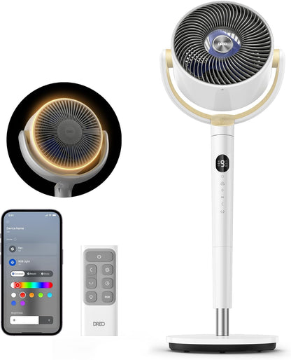 Slim Ossillerende Waaier 120° Omni-Rigting, 90vt Stil Voetstuk m/ RGB-Lig, 9 Spoede, 6 Modusse 8H Tydhouer, Wi-Fi/Stem, 37-42" - Wit