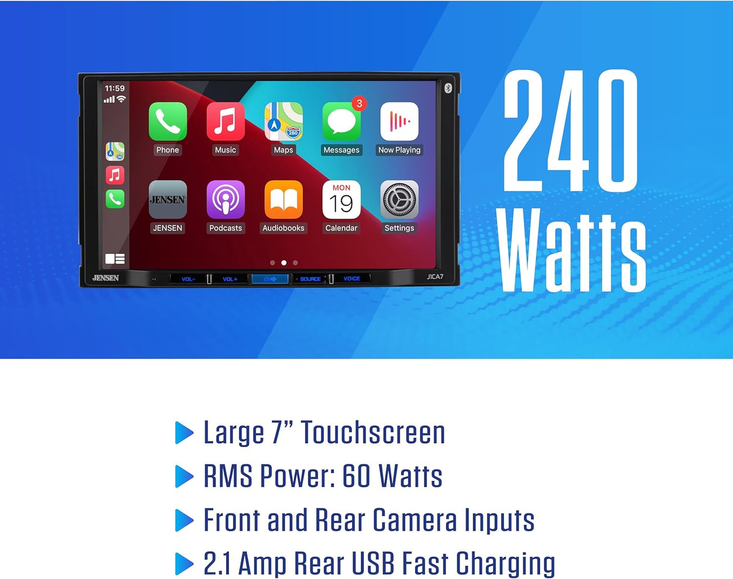 Double DIN  7"  Apple CarPlay Android Auto Wired or Wireless Touchscreen Car Stereo Radio Bluetooth Backup Camera Input