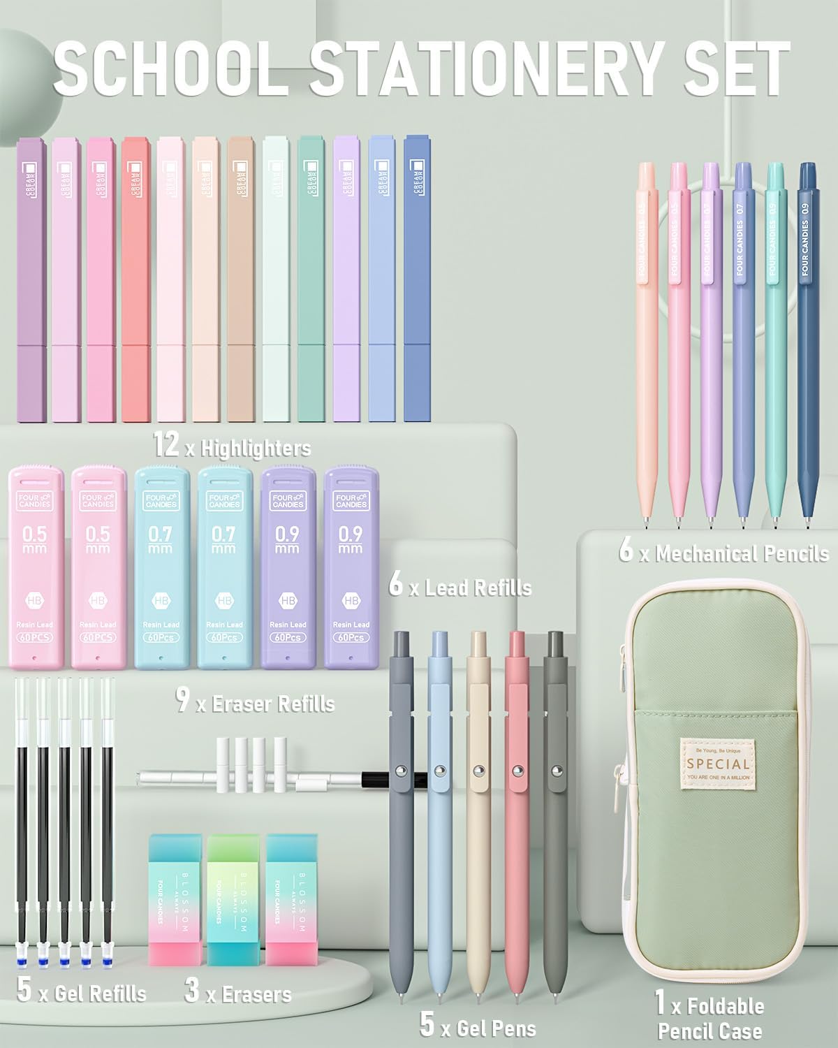 Aesthetic All-in-One Bulk Pack Supplies - Mechanical Graphite Pencil for Students Stationary School Essentials - (Green)
